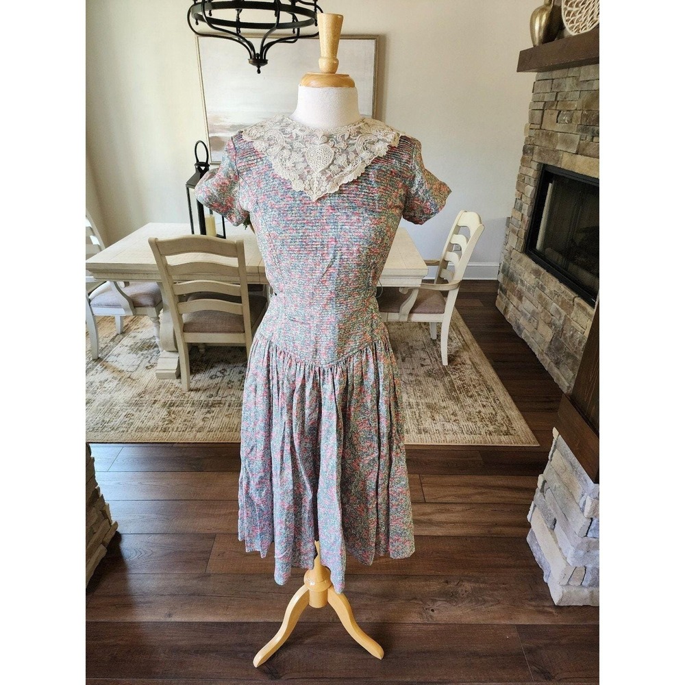 Vintage‎ 80s Cottagecore Bib Dress Donna Morgan NSP Cotton Floral Lace